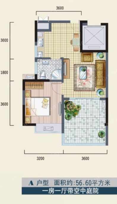 華源清苑A戶型1室1廳1衛(wèi)56.60㎡