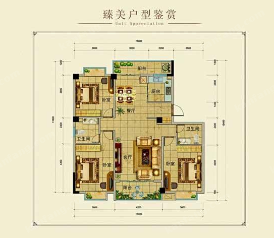 海桂苑A1户型3室2厅1厨2卫109.66㎡