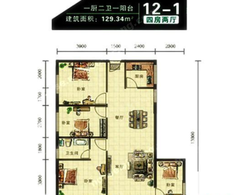锦绣大厦  户型图  12—1 四房两厅  129.34平米