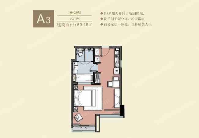 雙大國際公館10-20層a3房1室1衛(wèi)1廚60.16㎡