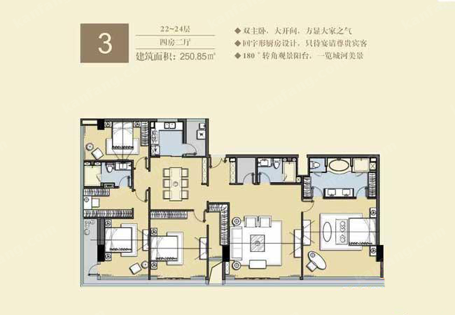 雙大國際公館22-24層3號房4室2廳4衛(wèi)1廚250.85㎡