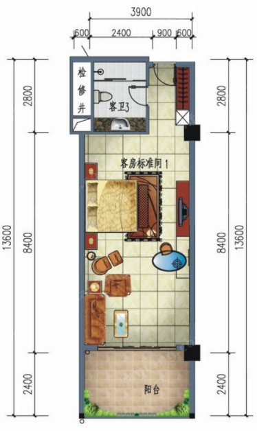 南國金灘假日客戶標(biāo)準(zhǔn)間戶型圖1室1衛(wèi)53.04㎡