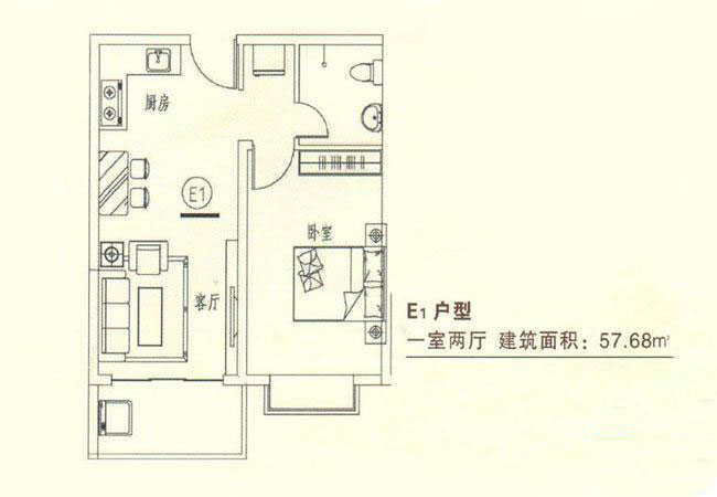 龍溪雅居E1戶型1室2廳1衛(wèi)1廚-57.00㎡