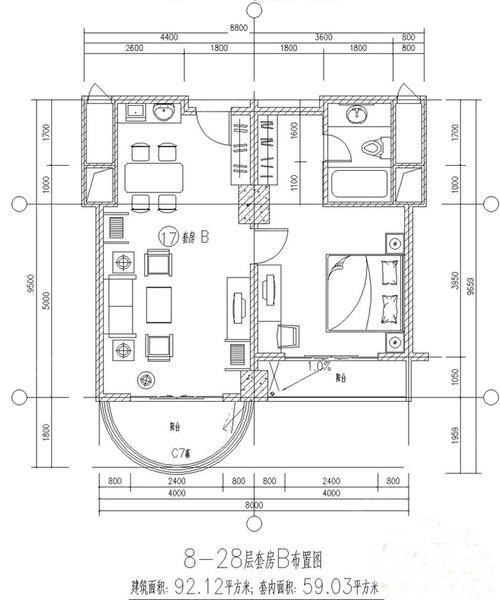 三亞柏瑞精品酒店公寓 B戶型 1室1廳1衛(wèi) 92.12㎡