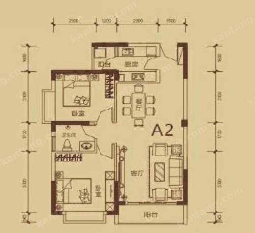 滨江熙岸A2户型图2室2厅2卫1厨