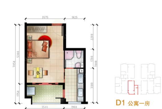 盛世天城一期D1戶型1室1衛(wèi)1廚37.00㎡