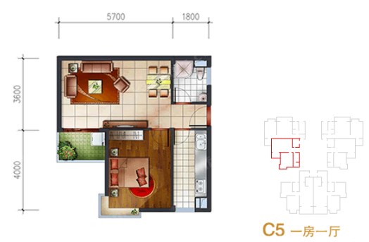 盛世天城一期C5戶型1室1廳1衛(wèi)1廚57.00㎡