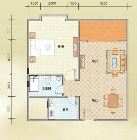 盛世天城一期D3戶型1室1廳1衛(wèi)1廚59.20㎡