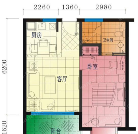 水霞公寓D户型1室2厅1卫1厨 55.00㎡