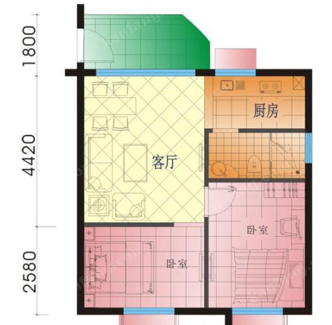 水霞公寓E戶型2室2廳1衛(wèi)1廚 61.96㎡