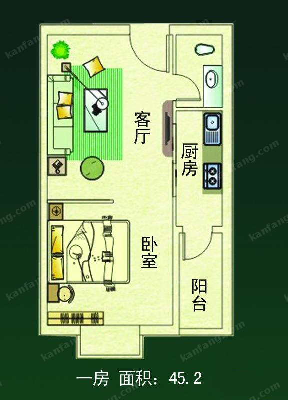 龙洋公寓一房户型图 1室1厅1卫1厨45.23㎡