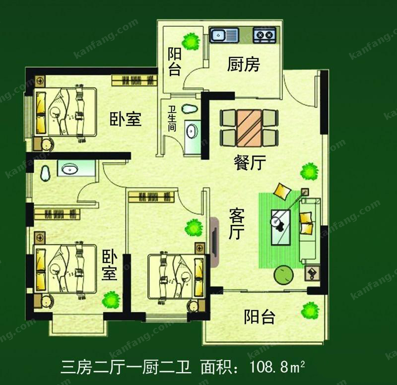 龙洋公寓三房户型图 3室2厅2卫1厨108.80㎡