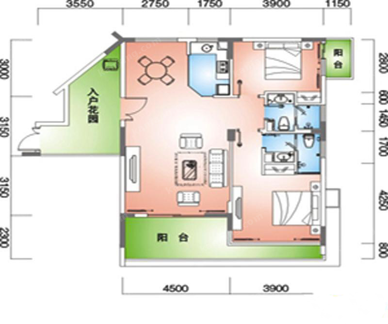 蓝海雅居户型C-a·户型C-f2室2厅2卫117.00㎡