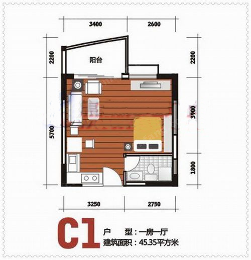 南枫悦海度假公寓 C1户型 1室1厅1卫 45.35