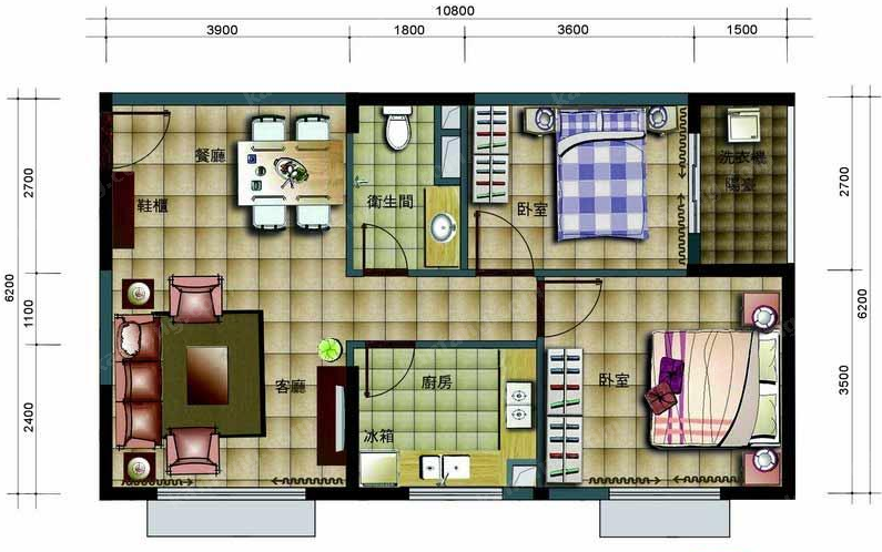 德诚公寓A2户型平面图2室2厅1卫1厨74.87㎡
