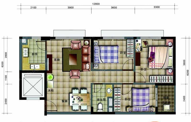 德诚公寓A1户型平面图3室2厅1卫1厨83.81㎡