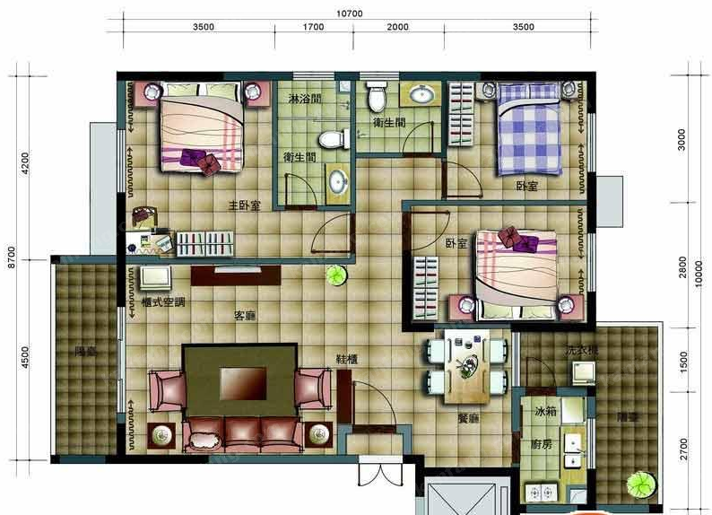 德诚公寓B户型平面图3室2厅2卫1厨111.77㎡